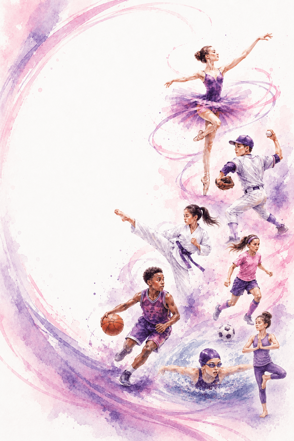 Watercolor athletes and performers from a range of family activities