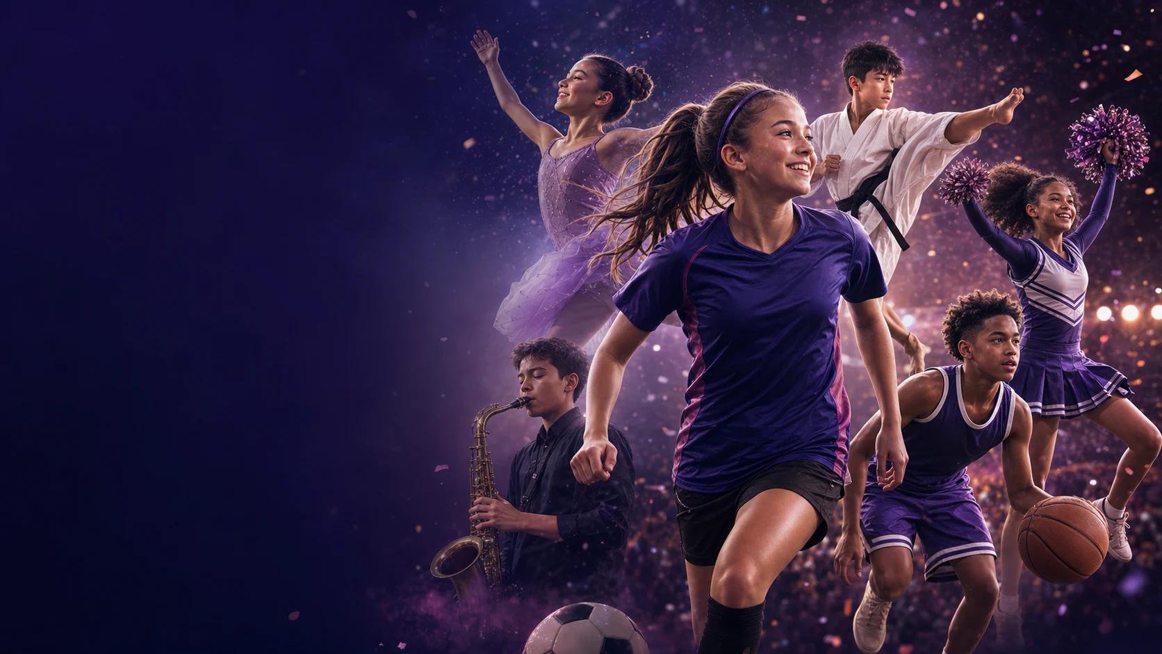 Young people celebrating meaningful moments in soccer, dance, martial arts, cheer, basketball, and music