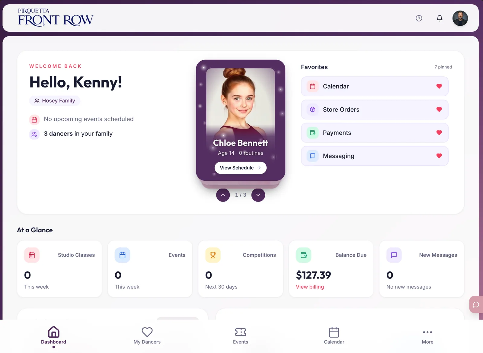 Front Row family dashboard with participants, favorites, and activity at a glance